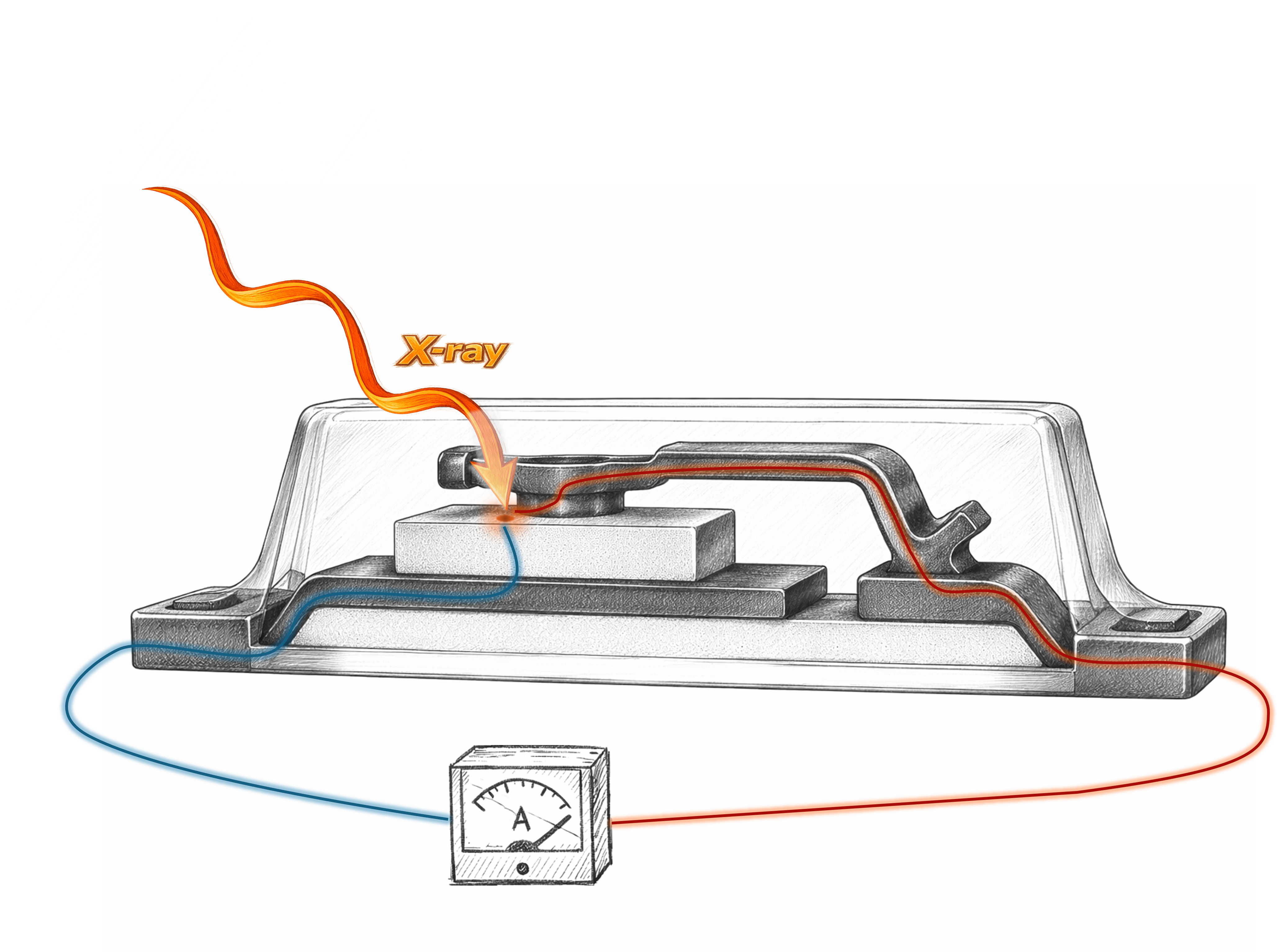 Sketch of the XBIC measurement principle: an X-ray beam hits an encapsulated semiconductor device, generating a locally induced current measured by an ammeter